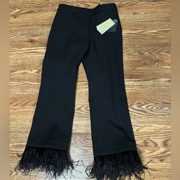 🆕 Michael Kors Stretch-Crepe Feather-Trim Cropped Pants Size 00 - Picture 10 of 12